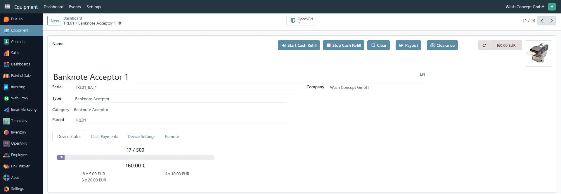 Banknote Acceptor Management Page