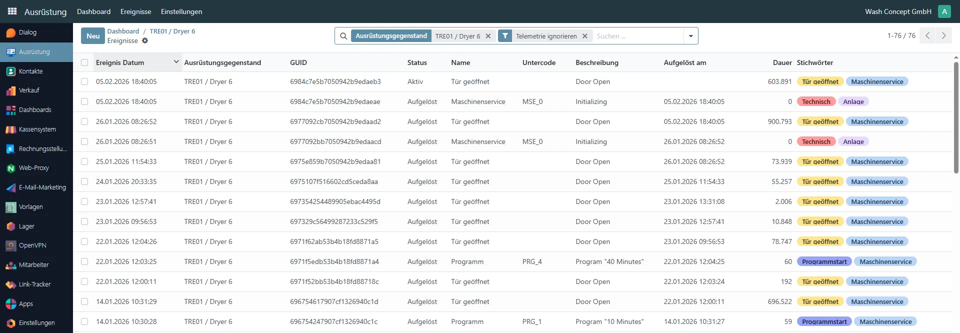 Drying Machine Event List