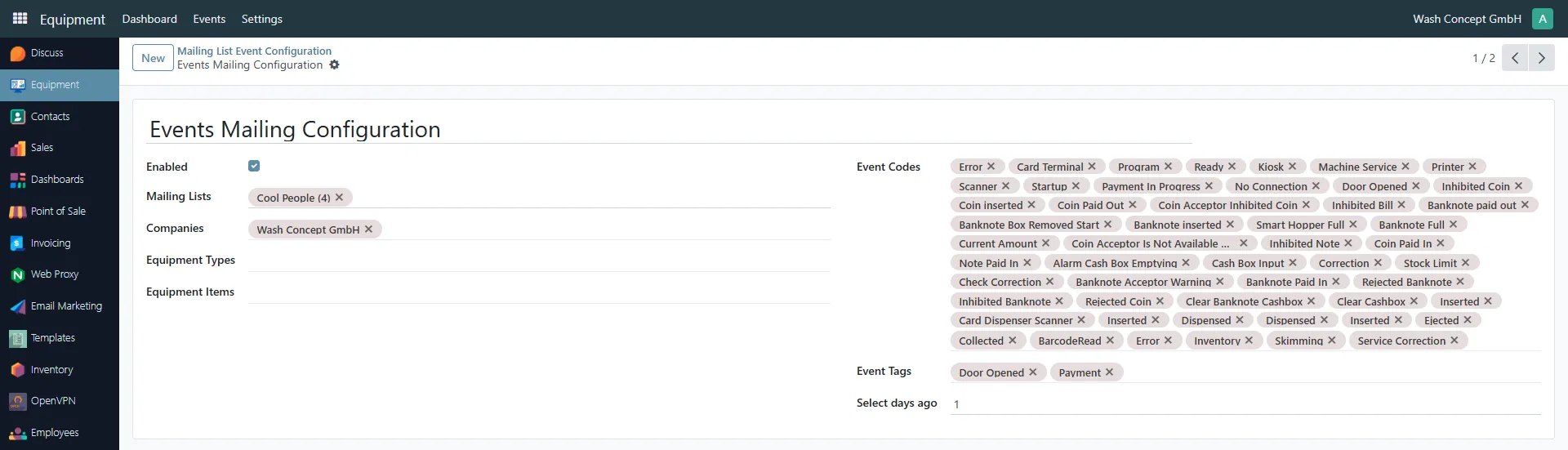 Mailing List Event Configuration Fields