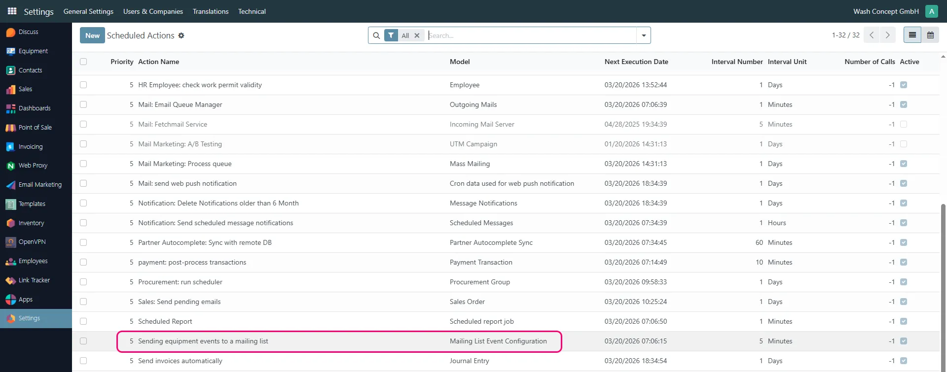 Sending equipment events to a mailing list
