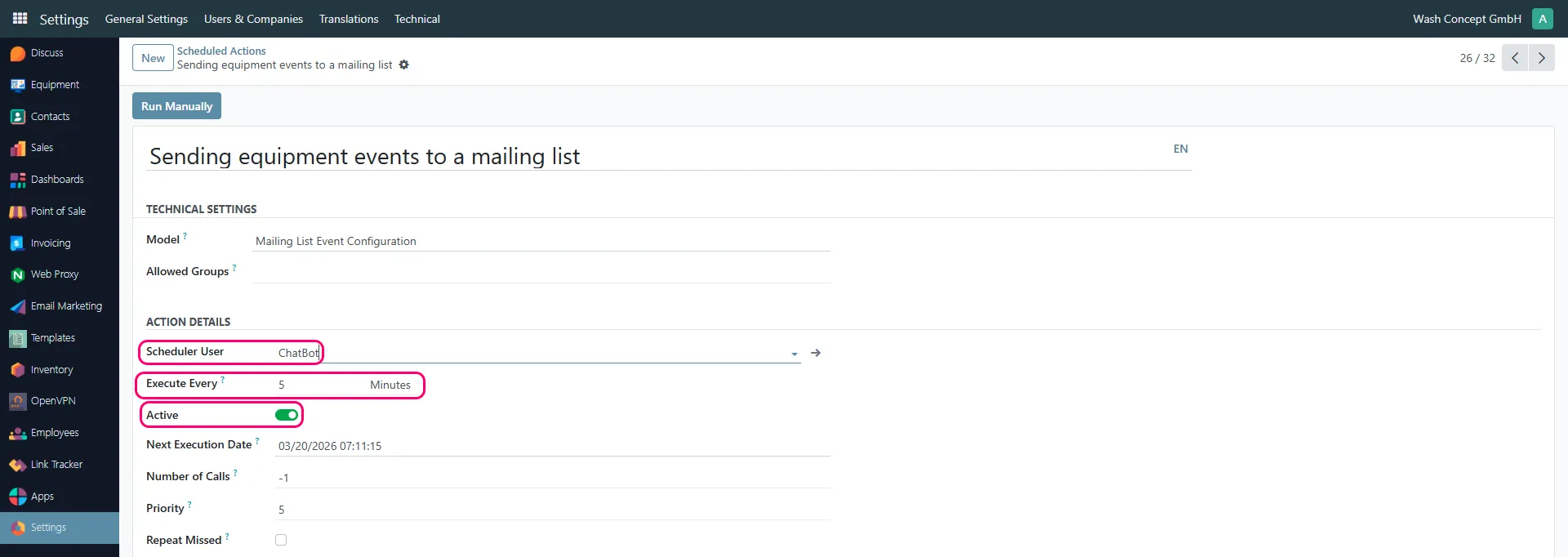 Sending equipment events to a mailing list - settings