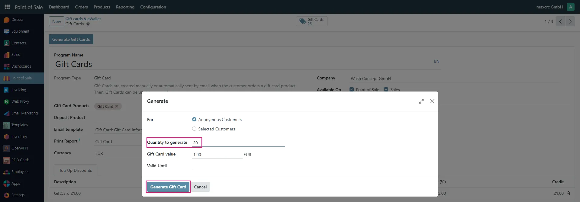 Generate Gift Cards Dialog