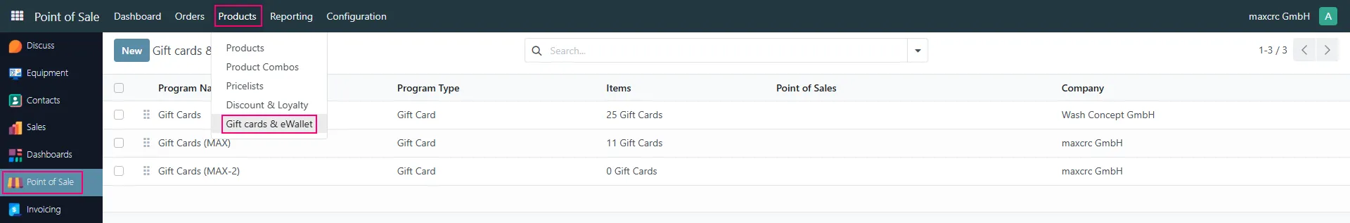 Gift Cards Menu