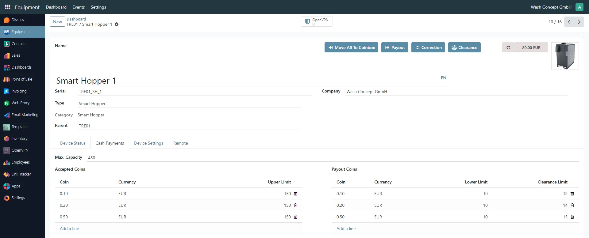 Smart Hopper Management Page - Cash Payments Tab