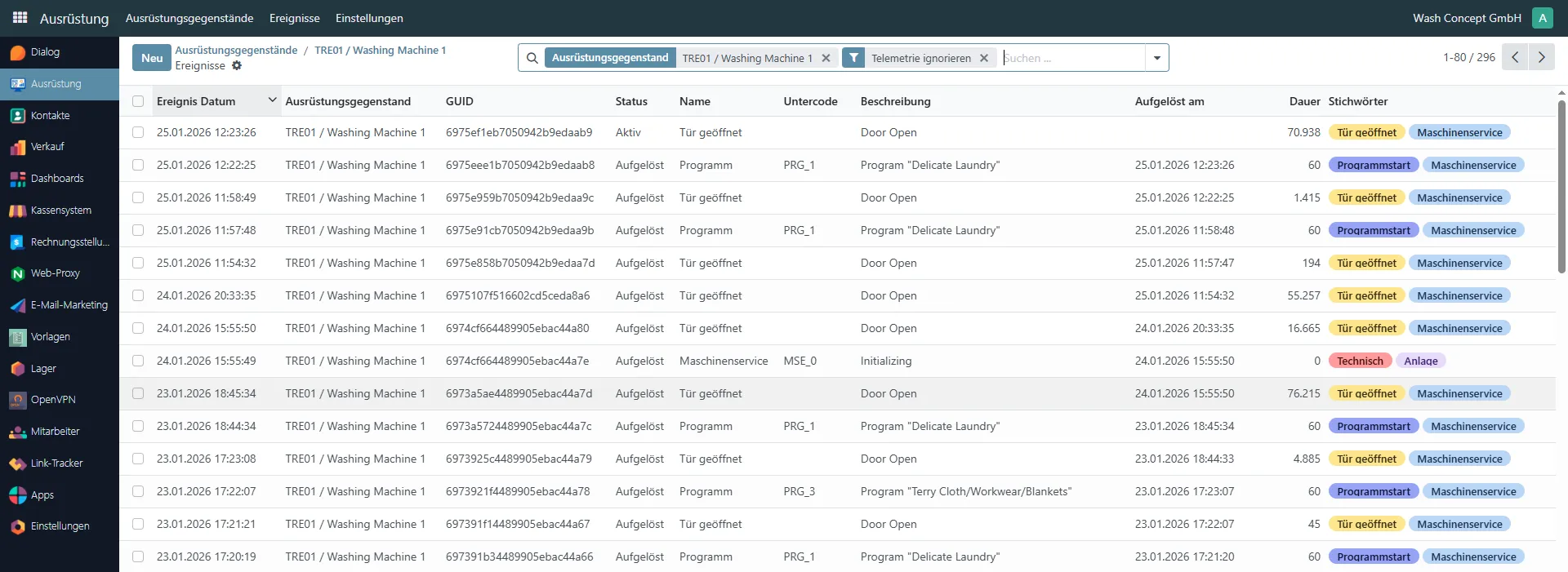 Whashing Machine Event List